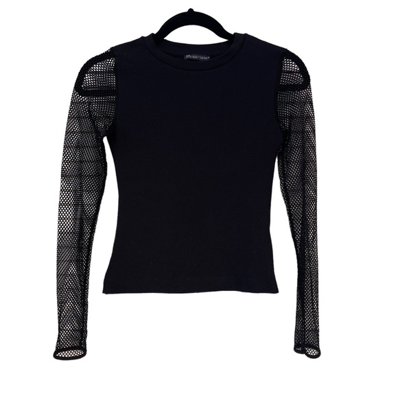 Zara Tops - Zara Basic Collection Black Top Mesh Crew Neck Long Sleeve Size S